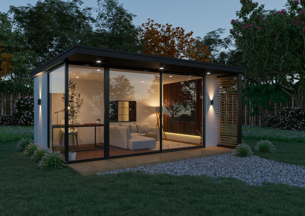Night time Exterior of a bespoke garden room by Divergent Concepts
