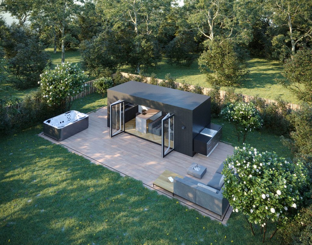 Daytime aeriel view of an ultra modern dark grey cladded garden room with outside seating area, outside cooking area, decking and hot tub